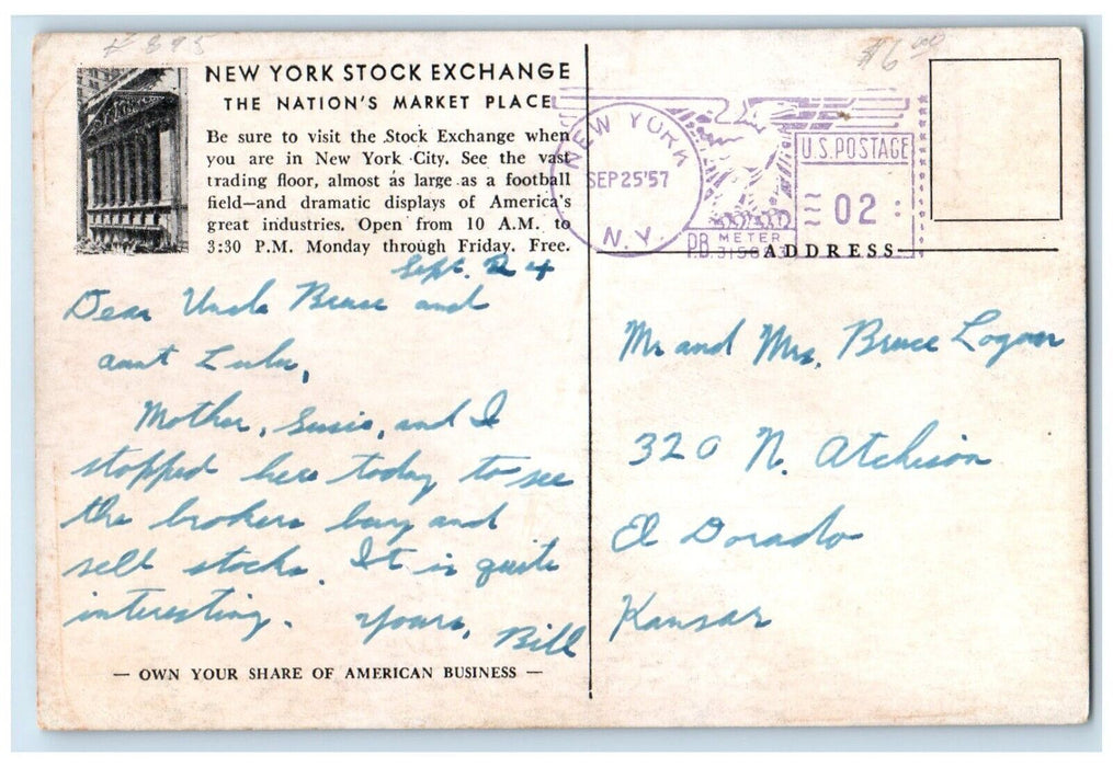1957 New York Stock Exchange Nation's Market Place Lobby New York City Postcard