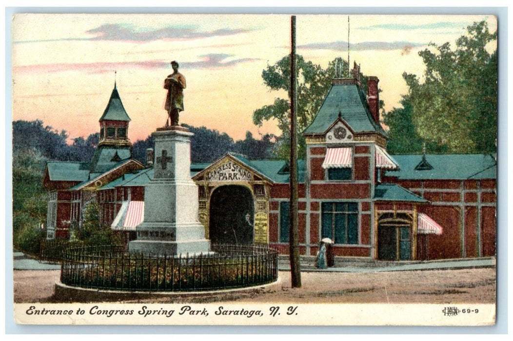 1909 Entrance Congress Spring Park Exterior Statue Saratoga New York NY Postcard