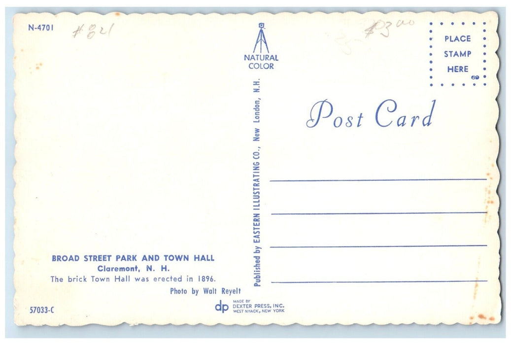 c1960 Broad Street Park Town Hall Exterior Claremont New Hampshire NH Postcard