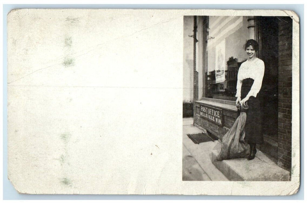 c1910's Pretty Woman Post Office Uncle Sam Belleville WI RPPC Photo Postcard