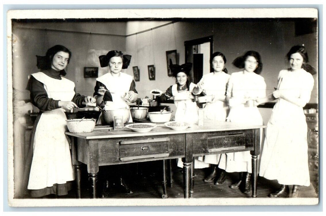 c1910's Girls Learning To Cook Kitchen Chef Auburn Indiana IN RPPC Postcard