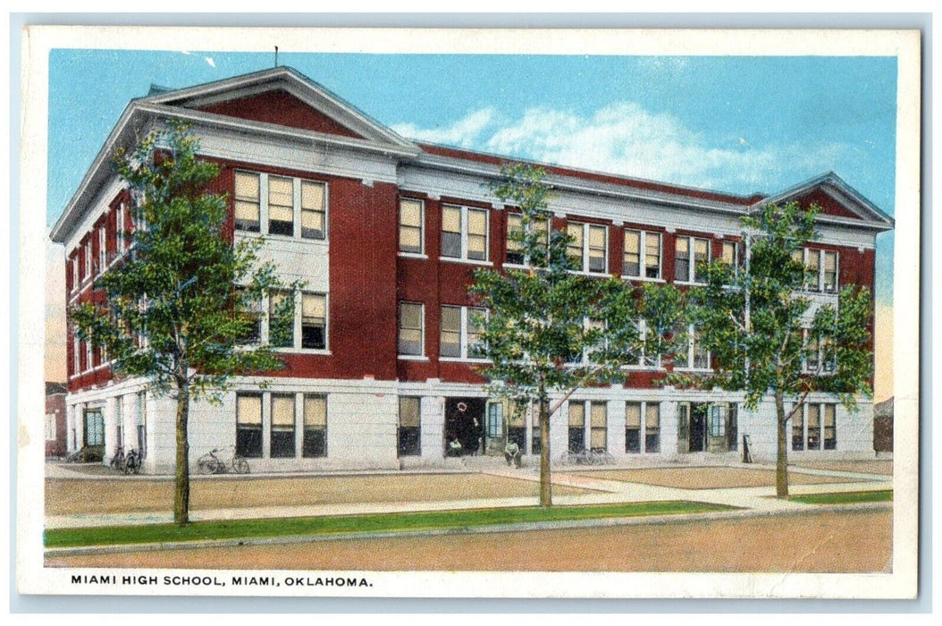 Miami High School Building Scene Street Miami Oklahoma OK Antique Postcard