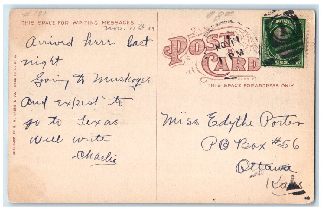 1909 Masonic Temple Building McAlester Oklahoma OK Posted Antique Postcard