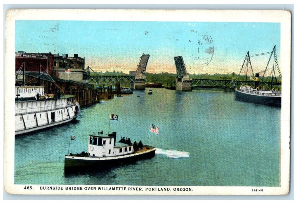 c1930's Burnside Bridge Over Willamette River Portland Oregon OR Posted Postcard