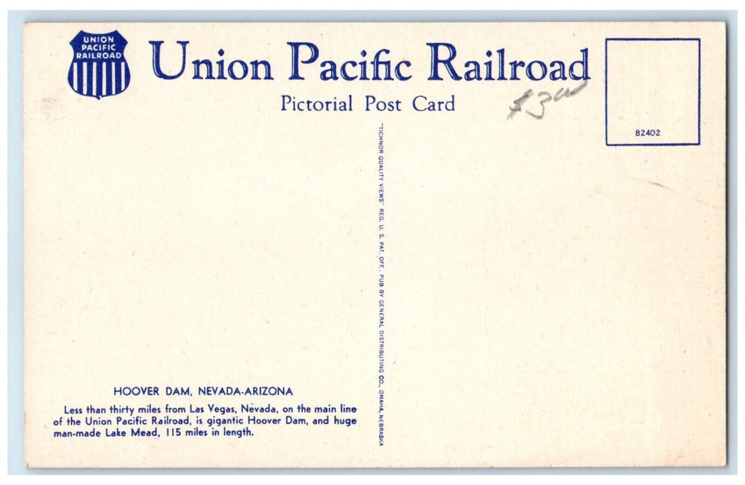 1940 Hoover Dam Nevada Arizona Union Pacific Railroad Pictorial Vintage Postcard
