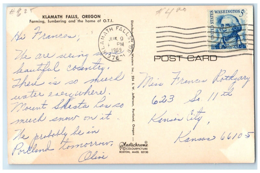 1969 Bird's Eye View Of Klamath Falls Oregon OR, Farming Lumbering Home Postcard