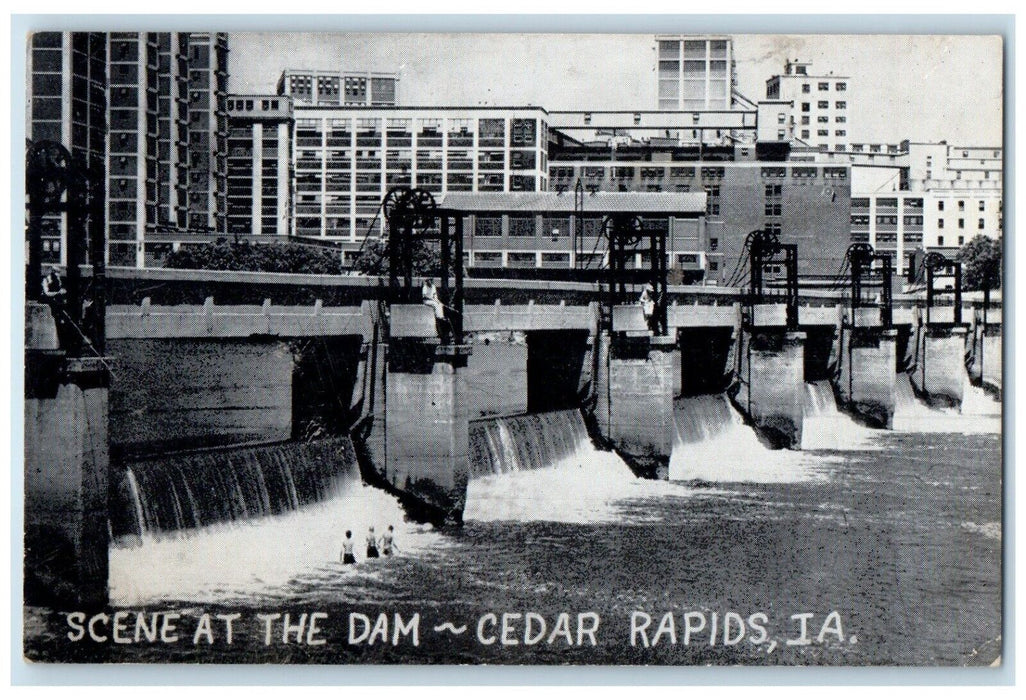c1940 Scene Dam Buildings Bathing Cedar Rapids Iowa IA Vintage Unposted Postcard