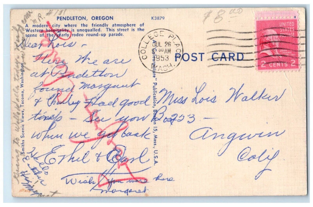 1963 Main Street View Drugs Store Hotel Cars Pendleton Oregon OR Posted Postcard