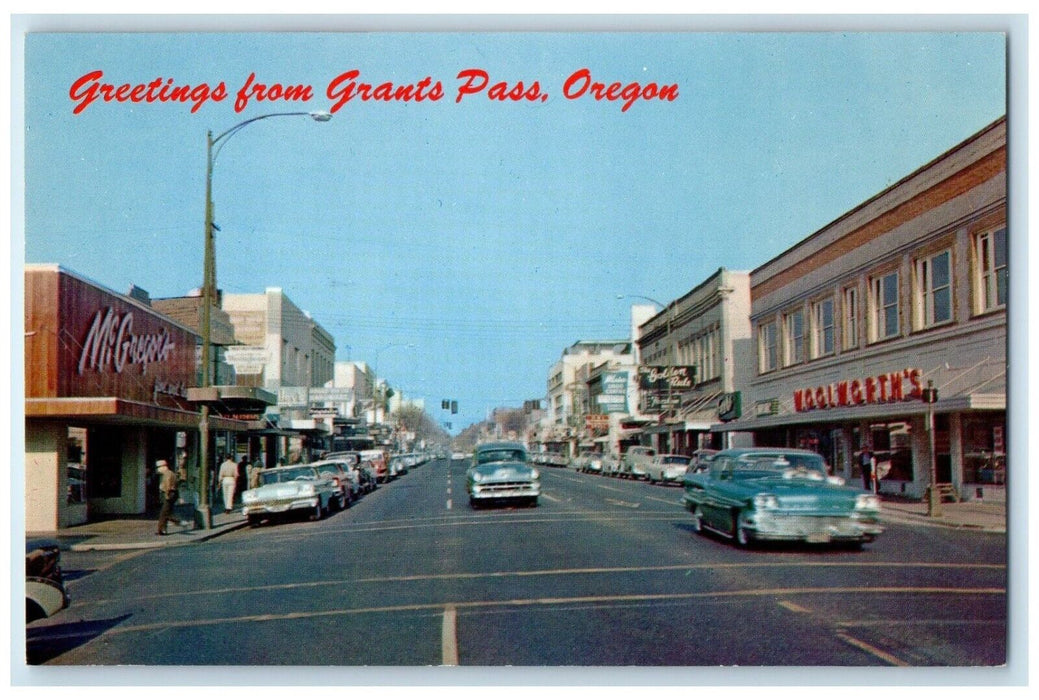 c1950's Greetings From Grants Pass Oregon OR, McGregor's Cars Stores Postcard