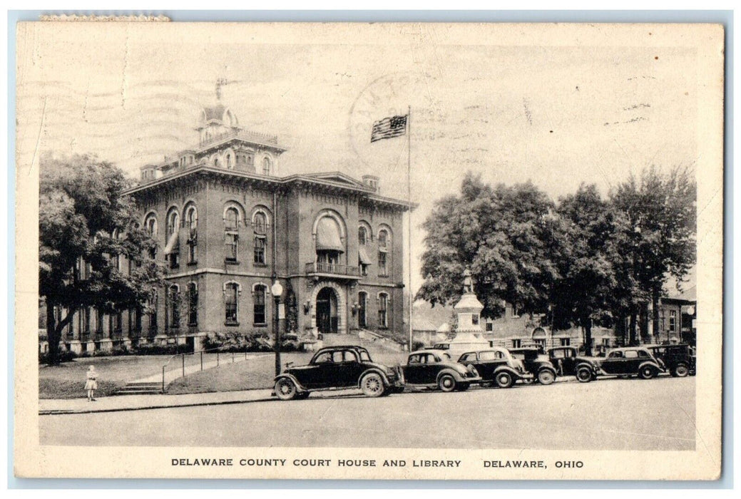 1956 Delaware County Court House Classic Cars Library Delaware Ohio OH Postcard