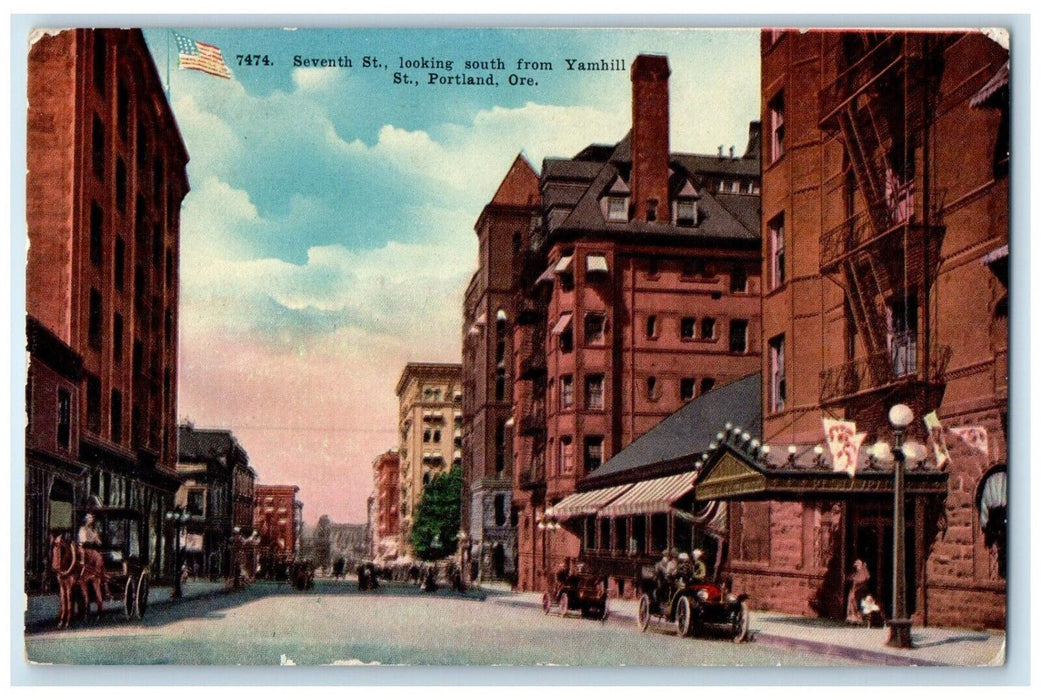 1912 Seventh St. Looking South From Yamhill St. Cars Portland Oregon OR Postcard