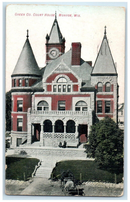 1908 Aerial View Green Co Court House Building Horse Monroe Wisconsin Postcard