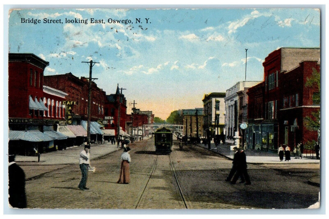 1910 Bridge Street Looking East Streetcar Buildings Oswego New York NY Postcard
