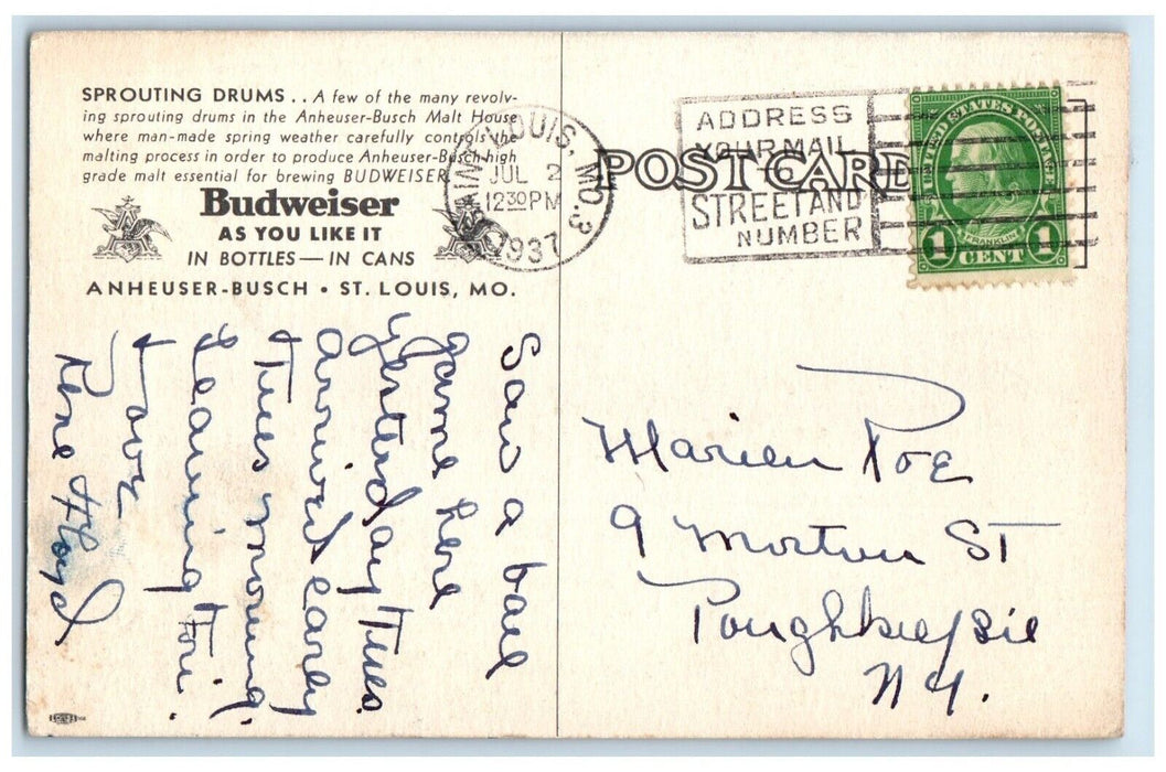 1937 Budweiser Anheuser Busch Sprouting Drums St. Louis Missouri MO Postcard