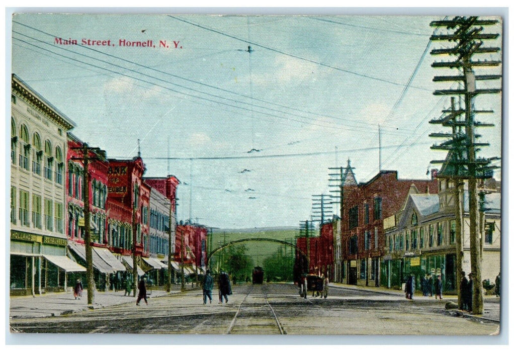 1911 Busy Day Main Street Buildings Railway Streetcar Hornell New York Postcard