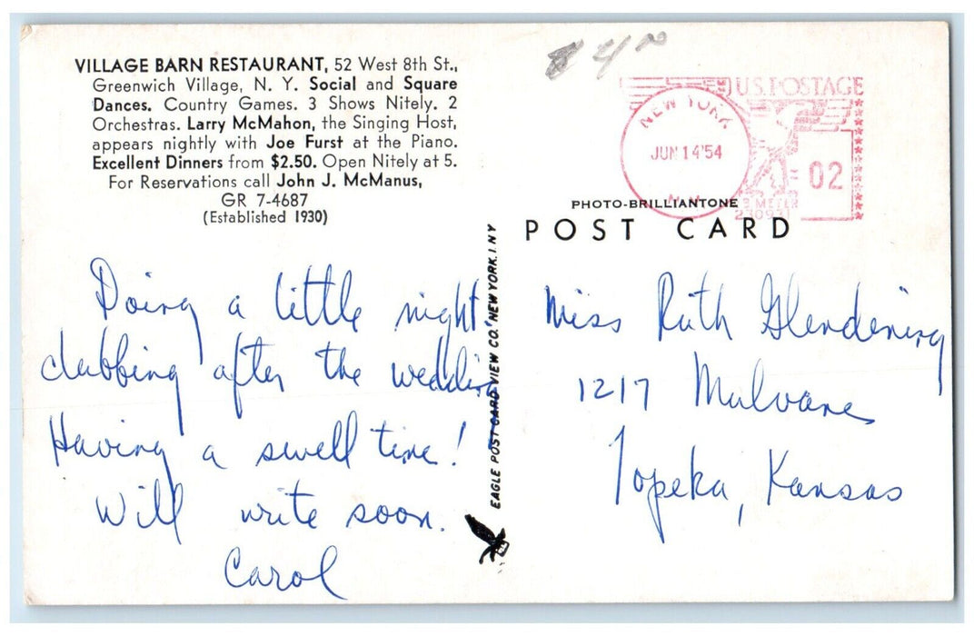 1954 Village Barn Restaurant Greenwich Village New York City New York Postcard