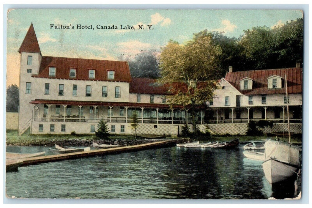 1912 Exterior View Fulton Hotel Building Boat Canada Lake New York NY Postcard