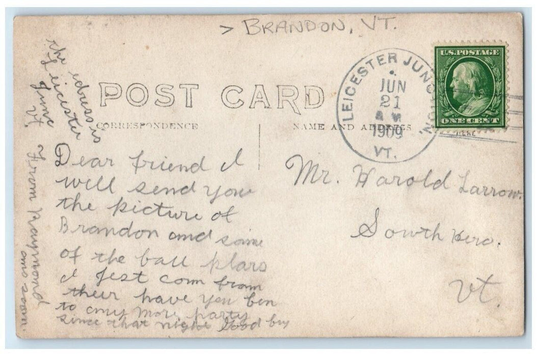 1909 Main Street Horse Wagon Leicester Junction Brandon VT RPPC Photo Postcard