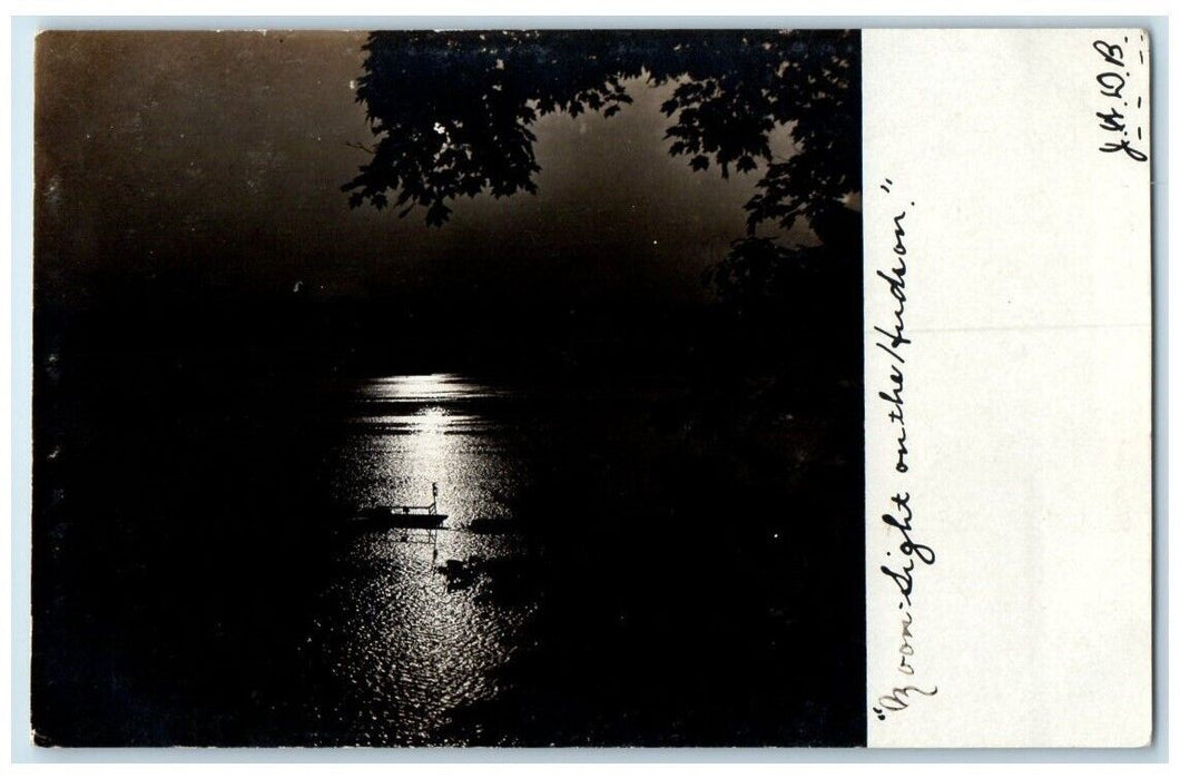 c1910's Moonlight On The Hudson River Boat View New York NY RPPC Photo Postcard