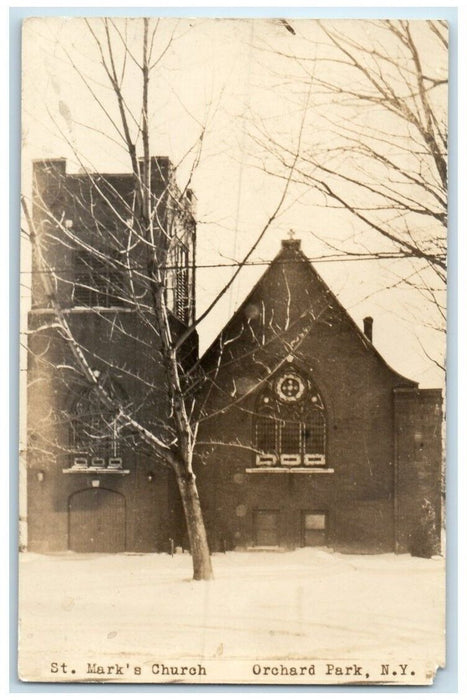 c1940's St. Mark's Church Winter View Orchard Park NY RPPC Photo Postcard