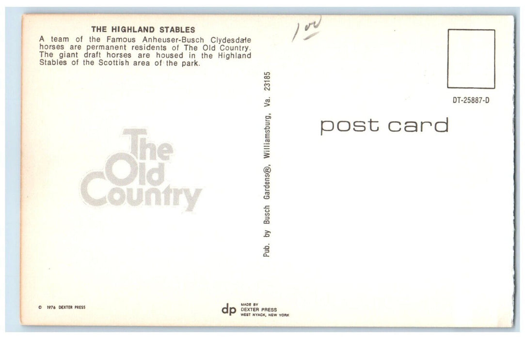 The Old Country Highland Stables Anheuser Busch Clydesdale Horses Postcard