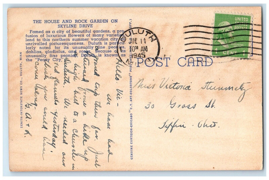 1945 House And Rock Garden On Skyline Drive Duluth Minnesota MN Vintage Postcard