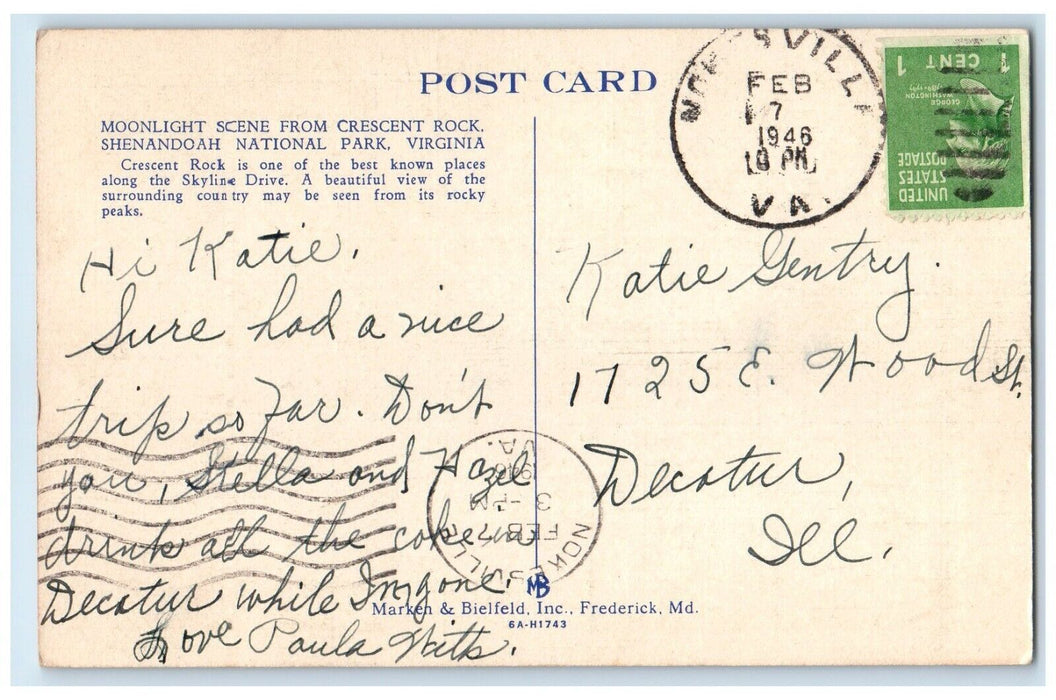 1946 Moonlight Scene From Crescent Rock Shenandoah National Park VA Postcard