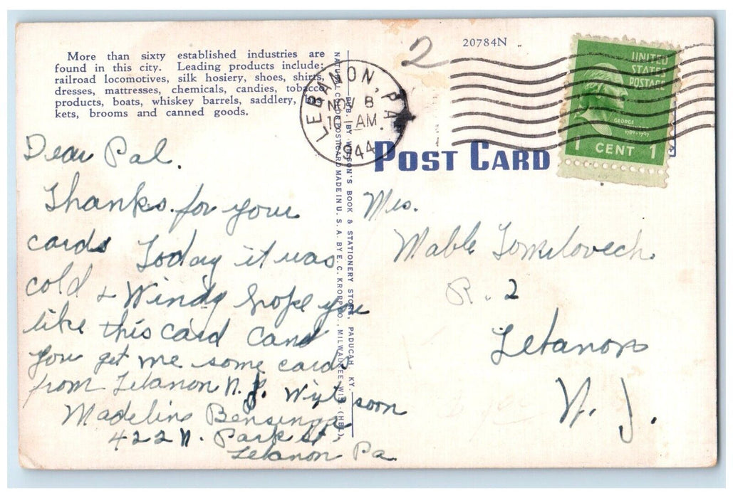 1944 US Post Office And Court House Building Paducah Kentucky KY Posted Postcard