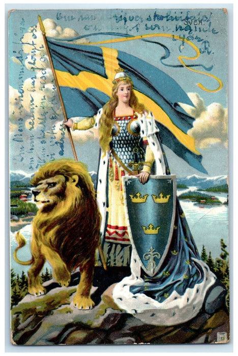 1905 Lion Flag Mother Svea Mythological Sweden Antique Posted Postcard