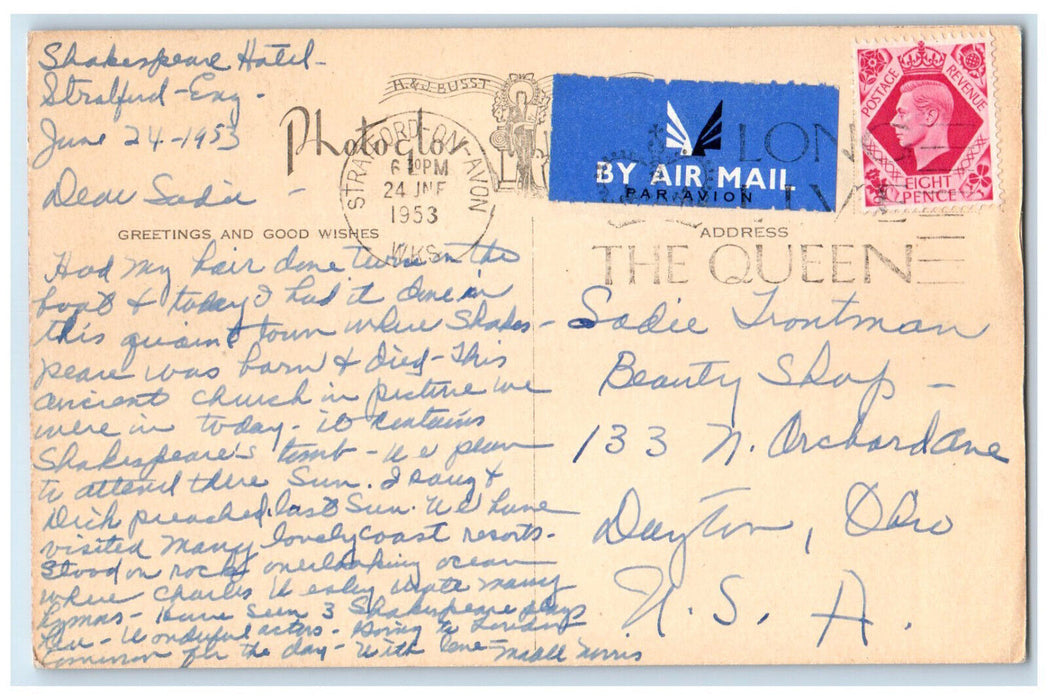 1953 Holy Trinity Church Stratford-Upon-Avon England Air Mail Postcard