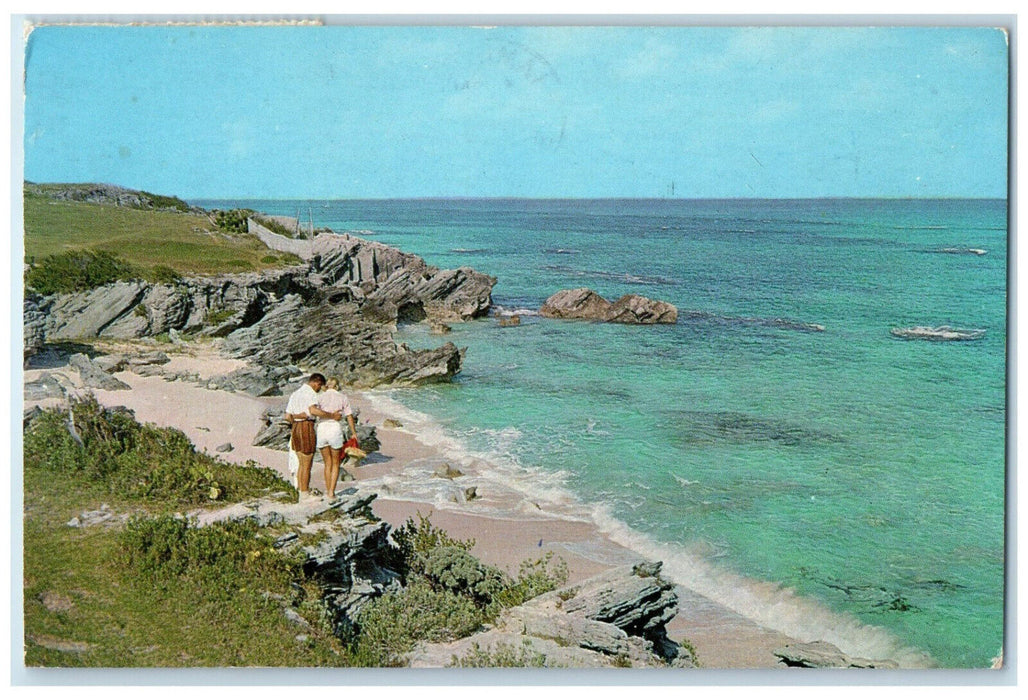 1963 Couple in Warwick Beach Scene Warwick Bermuda Vintage Posted Postcard