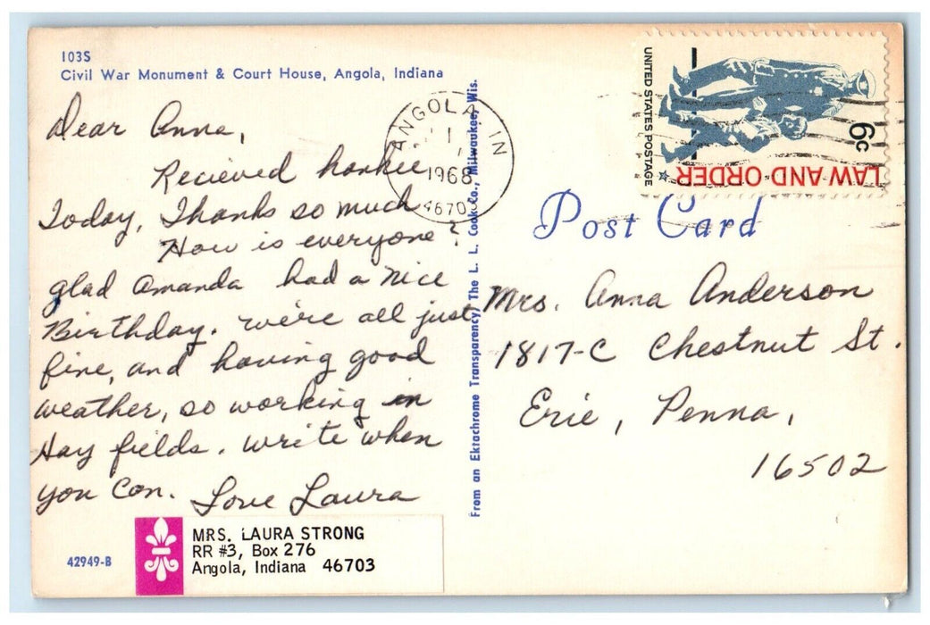 1968 Civil War Monument & Court House Angola Indiana IN Posted Vintage Postcard