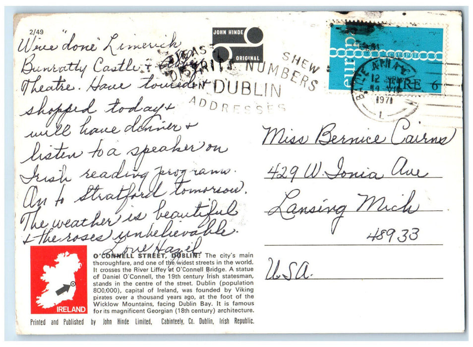 1971 O'Connell Bridge and Street Dublin Ireland Vintage Posted Postcard