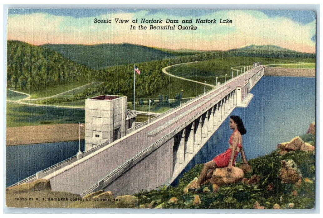 Scenic View Of Norfork Dam And Norfork Lake Ozarks Missouri MO, Woman Postcard