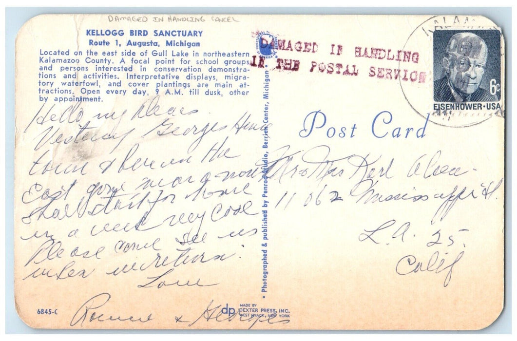 Kellog Bird Sanctuary Augusta Michigan MI, Damaged In Handling Cancel Postcard