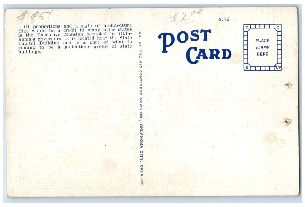 c1940 Exterior View Governor Mansion Building Oklahoma City Oklahoma OK Postcard