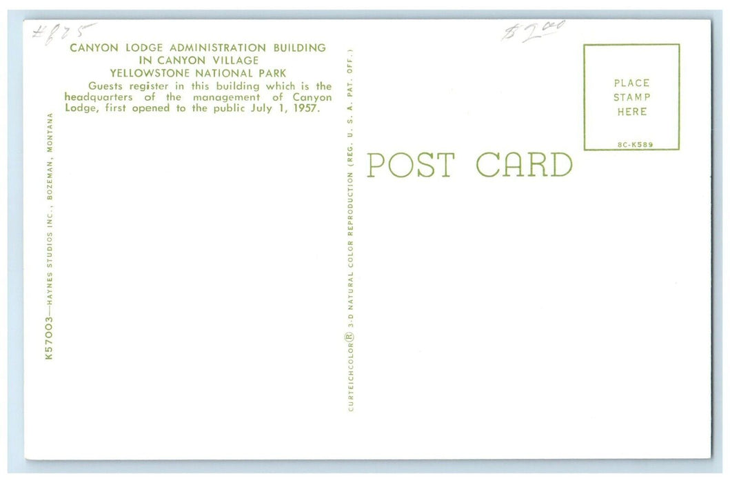 c1960 Canyon Lodge Administration Building Canyon Village Yellowstone Postcard