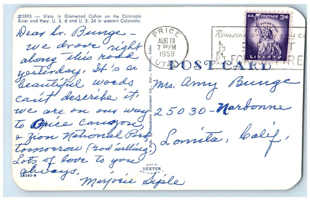 1959 Vista In Glenwood Canon Colorado River And Hwy CO, Price UT Posted Postcard