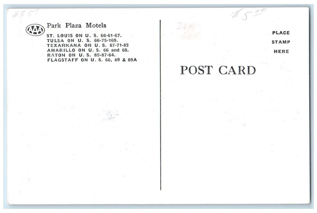 c1940 Beautiful Park Plaza Motels St. Louis Tulsa Texarkana Flagstaff Postcard