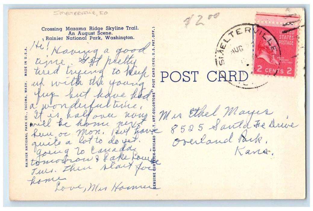 1940 Rainier National Park Crossing Mazama Ridge Skyline Smelterville Postcard