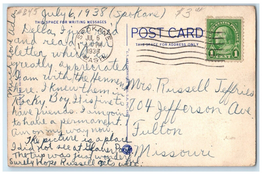 1938 Many Glacier Hotel Glacier National Park River Spokane Washington Postcard