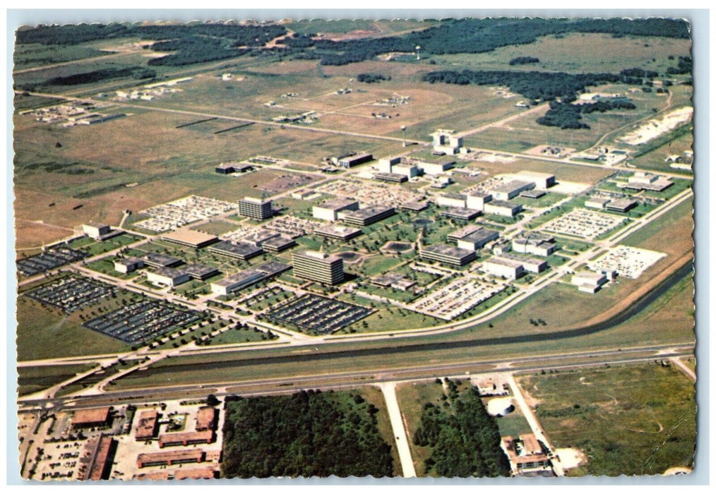 c1976 JSC Aerial View Johnson Space Tower Nassau Bay Houston Texas TX Postcard