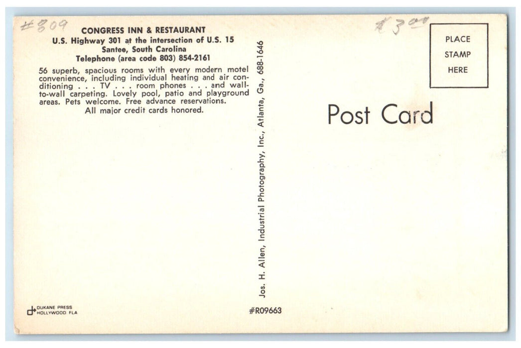 c1950's Congress Inn & Restaurant Santee South Carolina SC Vintage Postcard