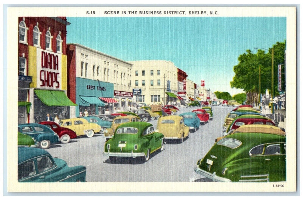 Scene In The Business District Cars Diana Shop Shelby North Carolina NC Postcard