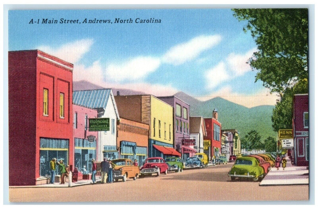 Main Street Cars Appliances Davis Drug Store Andrews North Carolina NC Postcard