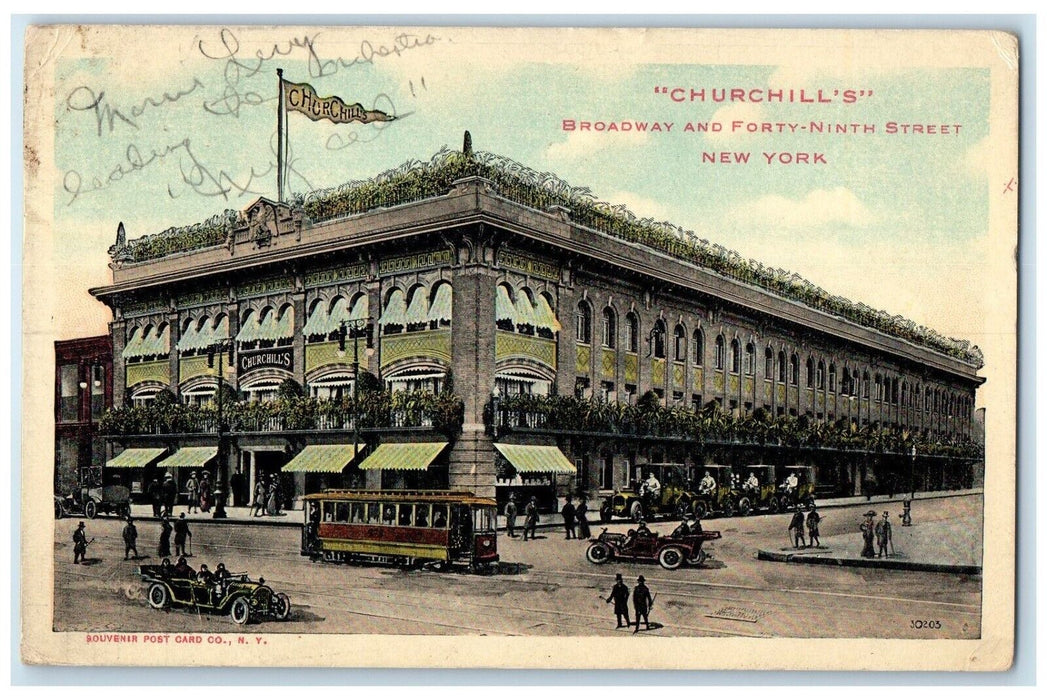 1911 Churchill's Broadway Forty Ninth Street New York NY, Trolley Cars Postcard