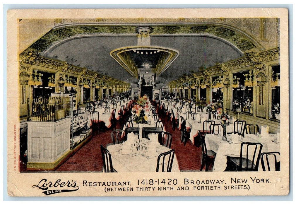 1918 Lorber's Restaurant Broadway Interior View New York NY Antique Postcard