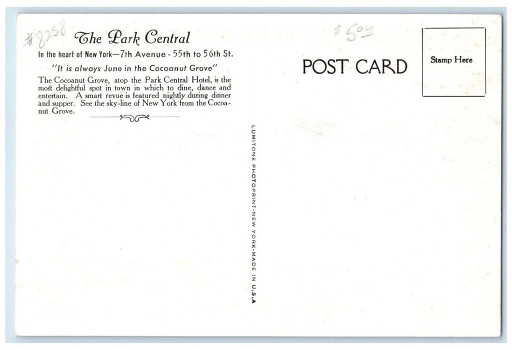 Cocoanut Grove The Park Central Interior Dining Room New York NY Postcard