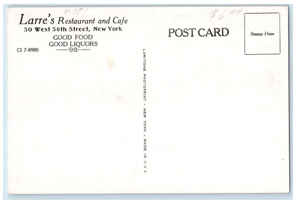 Larre's Restaurant And Cafe Dining Room Interior View New York NY Postcard
