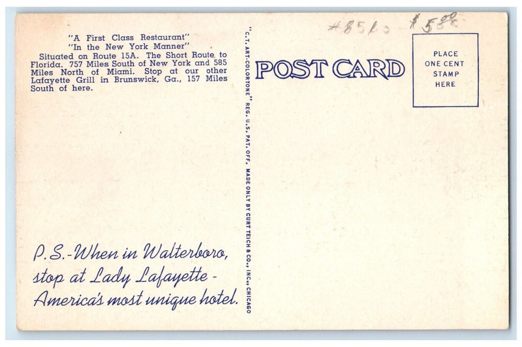 Lafayette Grill Restaurant Dining Room Walterboro SC Brunswick GA Postcard